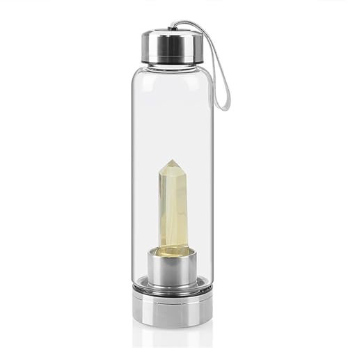 Natural Crystal Water Bottle Reusable Water Bottle With Gemstone Center Healing Obelisk Wand Elixir Quartz Crystal Water Bottle Quartz Crystal Wand Point Reiki Healing Crystal Glass Bottle ( Color : C