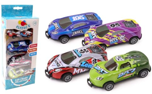FLYPOP'S - 4 Macchine da Corsa Schianto - Veicolo a Frizione - 022887 - Multicolore - Metallo - Giocattolo per Bambini - Regalo - Miniatura - Veicolo - 9 cm - A Partire dai 3 anni