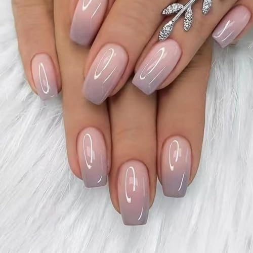 Ceboic 24 Stück Nägel zum Aufkleben Kurz Eckig, Ballerina Glänzend Rosa Lila Farbverlauf Künstliche Nägel Natürliche Fingernägel zum Aufkleben, Full Cover Press on Nails für Frauen und Mädchen