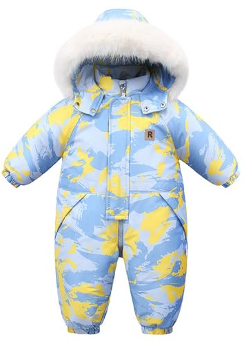 BRONG Bebé Invierno Mono de Nieve Mameluco niños Niñas Impermeable Monopieza con Capucha Traje de Esquí Forro Polar Al Aire Libre Estampado Cremallera Ropa Camuflaje Azul 2-3 Años