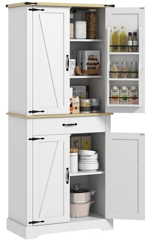 HOMCOM Armario de cocina Cocina Buffet Armario de almacenamiento, con 4 puertas, 6 estantes de puerta, 1 cajón y estantes ajustables, espacio de almacenamiento múltiple, 76,5 x 40 x 181 cm, blanco