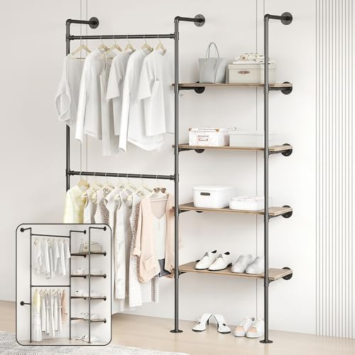 Woskar Industrial Pipe Clothing Rack, Hanging Rods Clothes Rack with Shelves, Clothes Rack for Wardrobe, Corner Closet System for Walk in Closets (Black, II-4Tier)