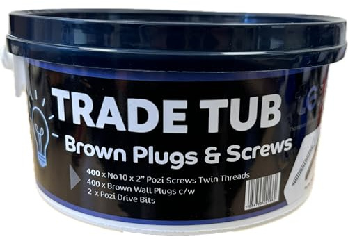 TEWTub 2 - Brown Plugs and Screws 400 x Brown Wall Plugs 400 x 2 No10 Pozi Twin Thread Screws c/w 2 Pozi Drive Bits