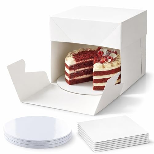 SAMZ Packaging 5 Pack Cake Boxes 10x10x6 inch with 5 Round 4mm Masonite Cake Boards – White Cake Box & Board Set for Birthday & Celebration Cakes