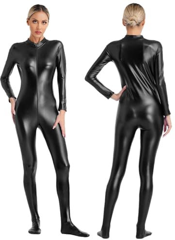 XINLIANYI Damen-Jumpsuit, metallisch, glänzend, langärmelig, Reißverschluss vorne, Ganzkörper-Einteiler, Strumpfhose, Body, Disco, Rave, Party, Poledance, Clubwear, Schwarz , M
