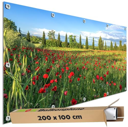 TRIOSK Sichtschutz Balkon Deko Plane Balkonblende Blickdicht mit Motiv Mohn Blumen Feld Wiese für Garten Terrasse Gartenzaun Balkonverkleidung Blickschutz PVC groß 200x100 cm