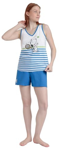 PEANUTS Pijama Mujer Verano 100% Algodón - Pijama Sin Mangas Tennis Club para Mujer – Pantalón Corto con Cinturilla Ajustable – Tejido Suave al Tacto, Azul Talla M