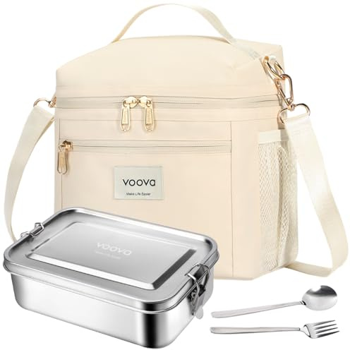 Voova Stainless Steel Lunch Box with Insulated Lunch Bag、Spoon & Fork for Adult Kids, 1200ml Metal Lunch Box with Spare Seal & Movable Divider, Metal Bento Boxes for Travel Work Women Men, Beige