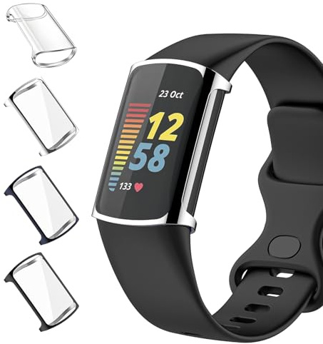 Vozehui 4 Pack Screen Protector Compatible with Fitbit Charge 6/5, TPU Full Coverage Plated Watch Protective Cover Bumper Shell Cover, Silver+Transparent+Black+Blue