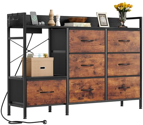YITAHOME Kommode Schlafzimmer mit 7 Stoffschubladen, Kommode mit 2 Steckdosen, 2 USB-Anschlüssen, TV-Schrank mit seitlichen Haken,Braun