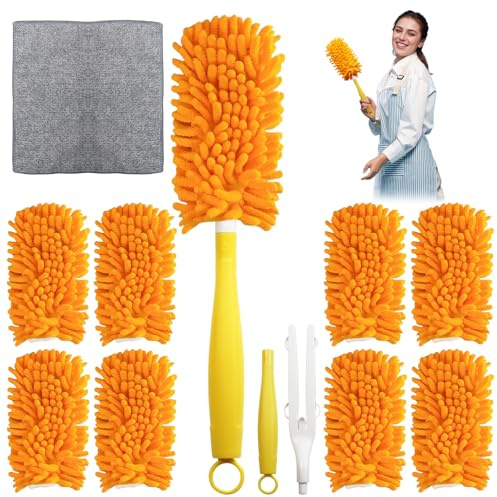 Mikrofiber Dammvippor 8-pack, Kompatibel med Swiffer, Återanvändbara | Tvättbara, 360° design, med 1 Handtag och Rengöringsduk, ersättning Kompatibel Swiffer Dammmagnet, för Hemmabruk