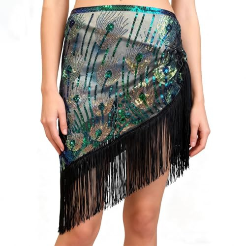 SITAKEGS Falda de Lentejuelas para Danza, Oriental con Flecos de Chiffón Vestuario del Vientre para Mujeres y Niñas, Pañuelo de Cadera Brillante en Forma de Ola para Festivales, Club, Playa (G)