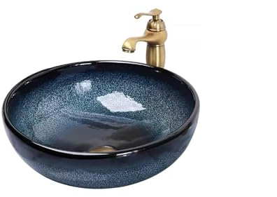 Lavabo da Appoggio Blu, Piccolo Lavabo in Ceramica per Appartamento, Lavabo da Appoggio per Bagno, Facile da Pulire, per Bagno, da Appoggio, Casa(Medium)