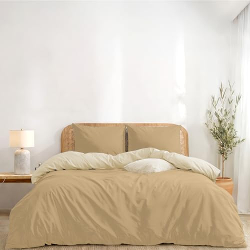 Twinzen Copripiumino Matrimoniale 260x240 cm Reversibile Beige/Sabbia, con 2 Federe 50x80cm - Set Copripiumino Matrimoniale Microfibra - Oeko-Tex