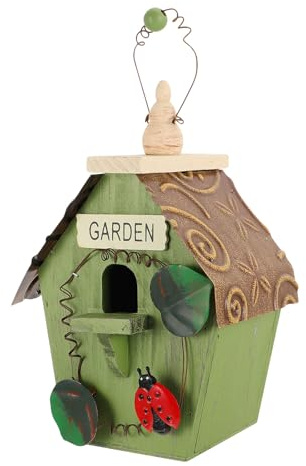 Homoyoyo Nichoir Suspendu en Bois Fait Main pour Jardin et Balcon Petite Maison à Oiseaux Toit en Métal Vert Décoration Extérieure Rustique et Refuge pour Oiseaux Ornements de Jardin