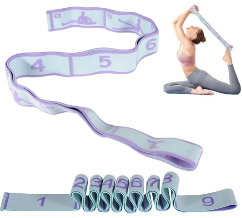 2 Stück Fitnessband mit Schlaufen, Yoga Stretching Band, Gymnastikband mit Schlaufen, Geeignet für Pilates, Tanz und Gymnastik (Lila 8-Ringe 90 CM + Blau 9-Ringe 110 CM)