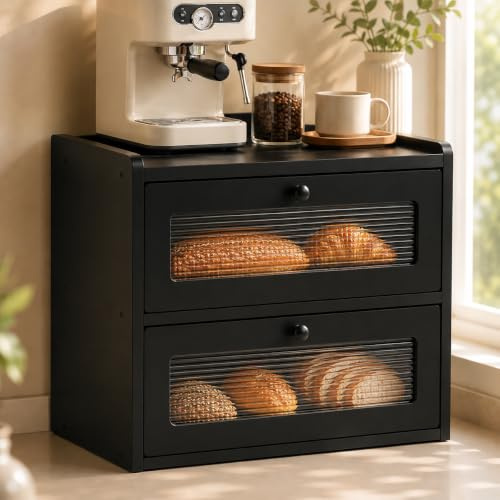Boîte à Pain Noire 2 Niveaux, Huche à Pain Double, 36,5 x 23,7 x 34 cm | Double compartiment pour pain et viennoiseries – format compact pour plan de travail, coin petit-déjeuner et café