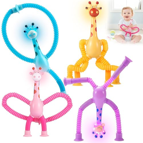 4 Pièces Jouets à Ventouse Girafe, Jouet Girafe Télescopique avec Ventouse, Jouets sensoriels de avec Lumière, Jouet éducatif Amusant de Soulagement du Stress pour Aux Garçons et Aux Filles