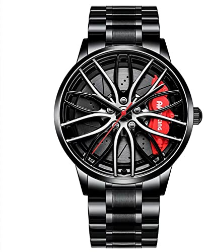 Orologio da polso da uomo, al quarzo, particolare decorazione del quadrante a forma di cerchione di auto sportiva, impermeabile e sportivo, design personalizzato 3D, Ago in acciaio nero