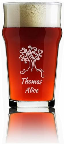 Generico MASTERLASER3.0 Bicchiere da Birra Personalizzato Pinta Vetro 570 ml Inciso a laser Personalizzabile con Nomi, Data, Design e Caratteri Diversi. Quantità (4)