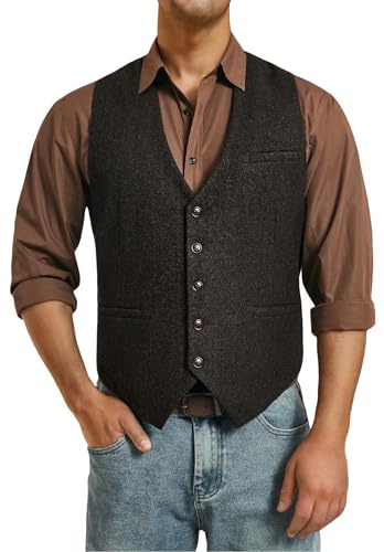 HISDERN Herr Tweed Väst Casual Vintage Herringbone Väst för Män Formell Ull Kostymväst till Bröllop och Affärer Kaffebrun M