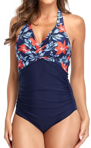 FLYILY Dam baddräkt magkontroll rynkad baddräkt halter v-ringad vadderad en del, Redflower, XL