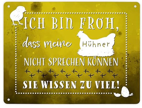 Metallschild XL in 21x28 cm mit lustigem Spruch - Hühner - sie wissen zu viel Dekoration lustiger Spruch Hühnerstall Hahn Hühnerstall
