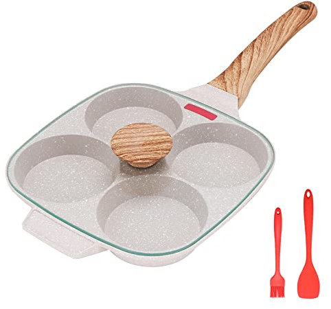 Bobikuke Egg Pan Non Stick, 4 Hole Egg Frying Pan with Lid Egg Burger Pan Multi Pancake Pan Aluminum Fried Egg Pan for Breakfast (White)