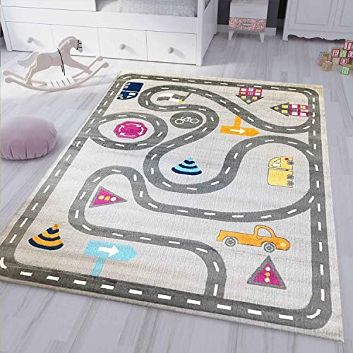 Spielteppich Kinderteppich Straße Auto Verkehr | Teppich für Kinderzimmer | Verschiedene Farbvarianten, Farbe:Grau, Maße:160x220 cm