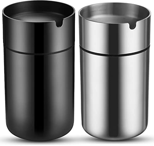 2 Pieces Car Cup with Lid Portable Cup Holder for Car Mini Trash Can Stainless Steel Detachable Windproof Car Cup Holder Bucket for Outdoor Travel Home Office(Silver and Black)