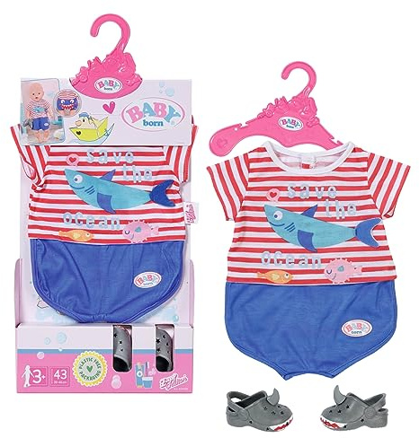 Baby Born Bath Pyjama avec Chaussures Bleues 834268 - Accessoires pour Les poupées de 43 cm - avec Un Motif Requin & des Pantoufles Assorties - Idéal pour la Baignoire Baby Born - Dès 3 Ans +