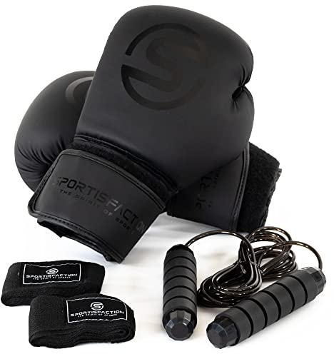 Sportisfaction Boxhandschuhe Gewichtsklassen 8oz - 14oz | Boxhandschuhe Set inkl. Bandagen & Springseil | Boxhandschuhe schwarz hochwertiges PU-Leder | Schutz & Unterstützung der Handgelenke