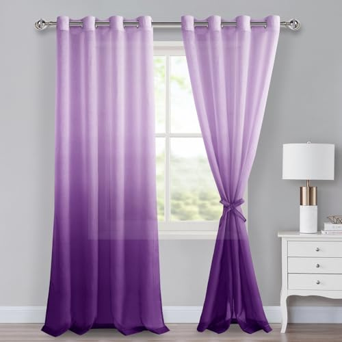 XWZO Ombre gardiner med öljetter, färggradient gardin, voile sheer gradient gardiner, set om 2 för sovrum och vardagsrum, öljettgardiner med gardinomtag 245 x 140 cm (H x B), lila