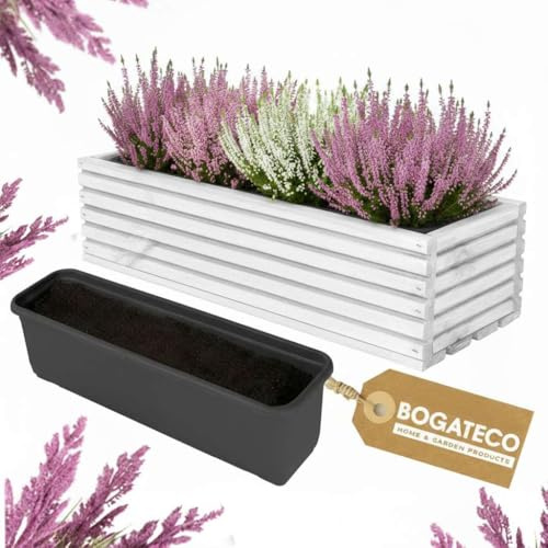 BOGATECO Blumenkasten aus Holz | Pflanzkasten | Blumentopf 44 x 20 x 14,5cm | Kräutertopf für zu Hause Garten Balkon Terrasse | Topf mit Kunststoffeinsatz | Imprägniert | Weiß