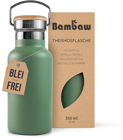 Bambaw Wasserflasche Isoliert 350 ml, Thermosflasche Grün, Edelstahl Trinkflasche Kinder, Trinkflasche Büro, Trinkflasche Kinder Ohne Plastik – Salbeigrün