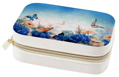 Boîte à bijoux en velours pour femme et fille, organiseur de bijoux de voyage avec plateau amovible pour collier, boucles d'oreilles, bracelets, bagues – Hortensias et marguerites avec papillons