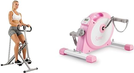 Sunny Health & Fitness Under Desk Smart Mini Pedal Exerciser, Dual Function Exercise Cycle Bike + Squat Assist Upright Row-N-Ride Rowing Machine, Horse Riding Machine Full Body Exercise Indoor