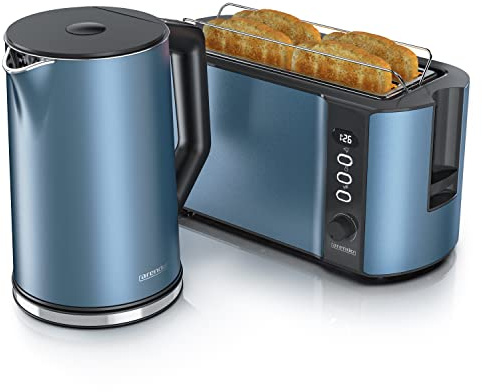 Arendo Ensembles Bouilloire et grille-pain en SET Bouilloire en inox 1,5L 40°-100°C, Grille-pain 4 Tranches Ecran LED 6 niveaux de brunissage support viennoiserie grille pain, Bleu