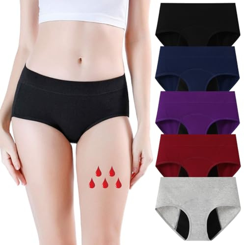 Yintry Mutandine mestruali da Donna con 4 Strati di Protezione a Prova di perdite - Intimo mestruale a Vita Media a Flusso Pesante Slip in Cotone da 5 Pezzi