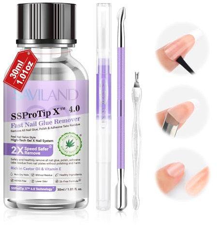 SAVILAND 30ml Rimuovi Colla per Unghie Finte, Alto Volume Solvente Colla Unghie Rimuovi Colla Unghie Finte a Pressione con Olio per Cuticole Spingi Cuticole Accessori per la Rimozione Delle Unghie