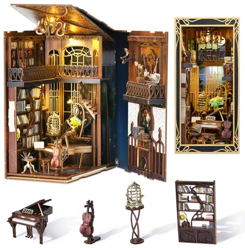 MiniCity DIY Book Nook Kit, Miniatur Puppenhaus Booknook Kit, 3D Holz Puzzle Buchstütze Bücherregal einfügen Dekor für Jugendliche und Erwachsene (Pianist with Nightingale) | Pianist und Nachtigall zum Selberbauen: 300 Teile, LED, Staubschutz, Kleber und Werkzeug; DIY-Projekt 6–8 Std., ab 14 Jahren.