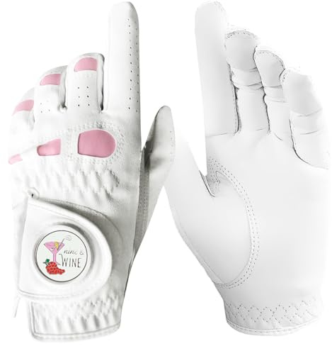 AMRTA Golfhandskar för kvinnor vänster höger hand läder med bollmarkör 1-pack, damer golfhandske för högerhänt golfare andas alla vädergrepp (S, vänster)