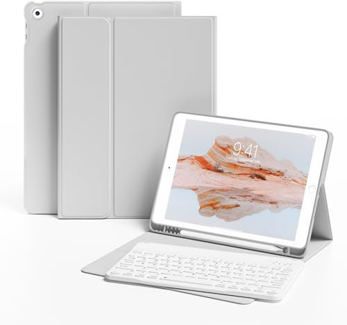 KVTVOU Case With Keyboard for iPad 9th / 8th / 7th Generation 2021/2020/2019 10.2 Inch, Soft TPU Case with Pencil Holder, Magnetic Detachable Bluetooth English Keyboard for iPad 9/8/7, Gray