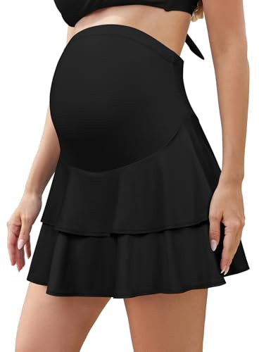 SHEKINI Frauen Rüschen Hohe Taille Umstands Swim Rock Eingebaute Shorts mit Taschen(Schwarz,M)