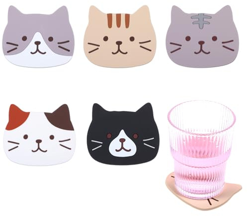 AOZUO Cute Cat Shaped Ceramic Coaster Set - 5pcs Non Slip Hot Pads With Silicone Rubber Cup Mats for Desk, Coffee Table and Dining Room Decorations