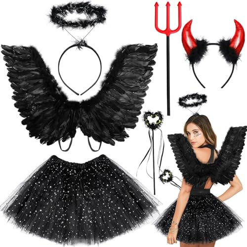 iZoeL Teufel Kostüm schwarz Engel kostüm Damen, Engelsflügel Tutu Rock Teufelshörner Engel Haarreif Heugabel Zauberstab, Damen Mädchen kostüme Karneval Halloween Fasching Kostüm