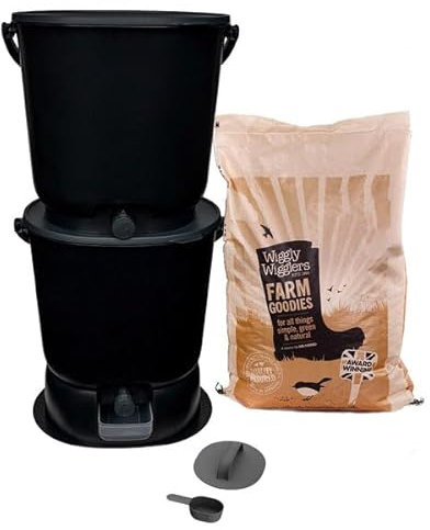 Wiggly Wigglers Bokashi Compost Starter Kit Vermicomposting Essentials Kitchen Waste Composting Bins With Bokashi Bran (2 Black Bins + 1kg of Bokashi Active Bran)