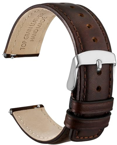 WOCCI 20 mm klockarmband för män och kvinnor, äkta läder – toppkornigt läder, snabbfrigörande rem, silverspänne (mörkbrun)