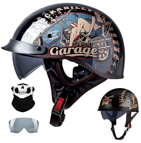 Motorradhelm Retro Halbhelm, Halbschale Jethelm, ECE-Zulassung, Mit Brille Und Gesichtsabdeckung, Für Bike Cruiser Chopper Moped Scooter, für Damen und Herren Erwachsene, M~XXL