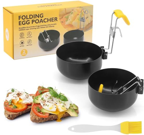 2 Pack Egg Poacher, Stainless Steel Poached Egg Moulds, Poached Egg Maker with Oil Brush, Non-Stick Egg Poached Egg Pan, Collapsible Hang Ear Egg Boiler Egg Rings Kitchen Tool